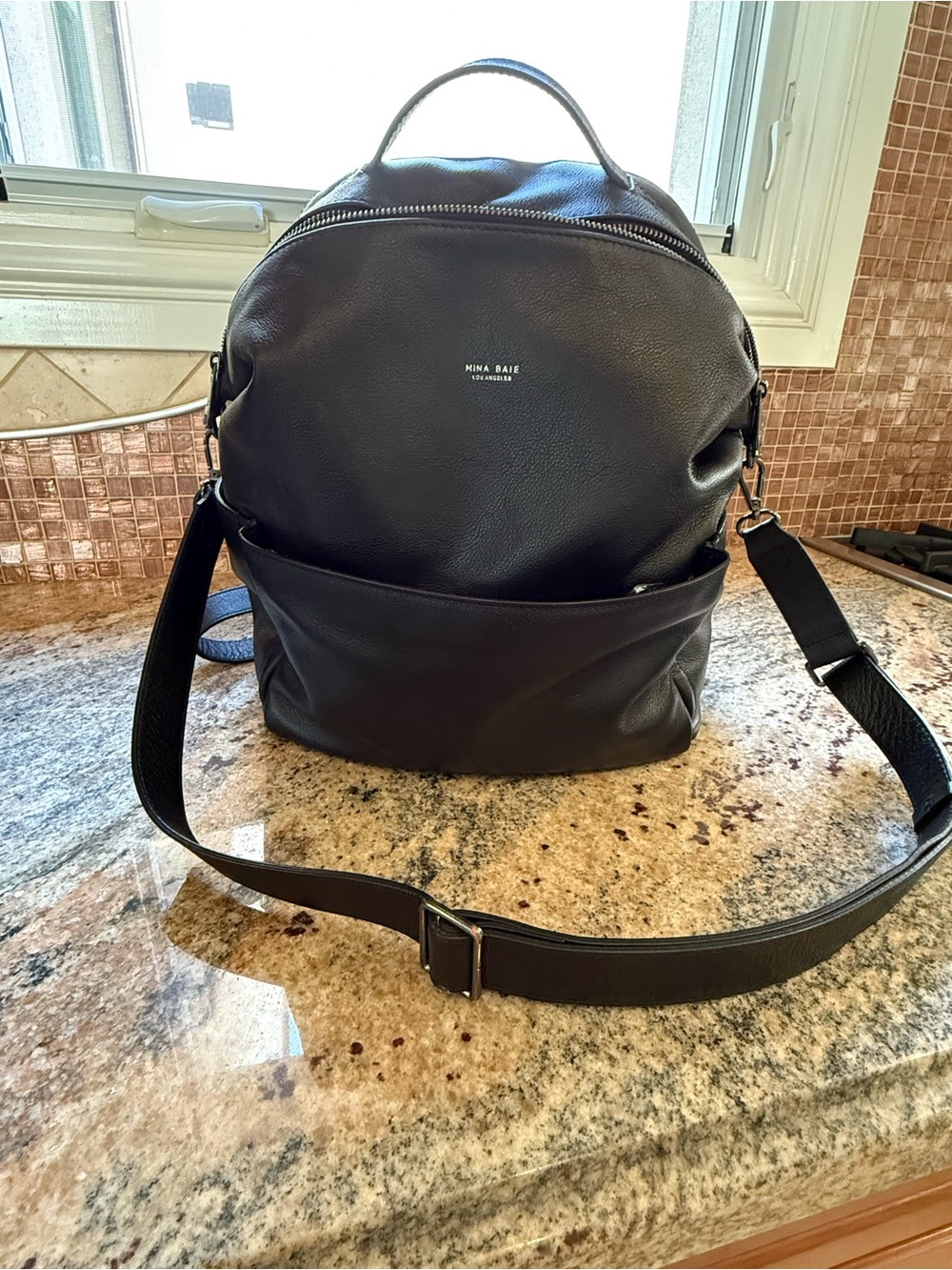 Mina Baie - Black Leather Stevie Backpack/Diaper Bag